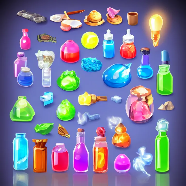 Prompt: hd game icon element ， an magic bottle icon, surge round ， light dust inside, in the dark, cartoon version ， hd game icon element, magic, fluorescent light, minimalist composition ， gods ray, product photography, bright colors