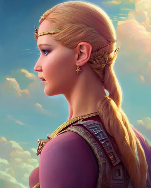 Image similar to highly detailed surreal vfx portrait of jennifer lawrence as princess zelda, stephen bliss, unreal engine, greg rutkowski, loish, rhads, beeple, makoto shinkai and lois van baarle, ilya kuvshinov, rossdraws, tom bagshaw, alphonse mucha, global illumination, detailed and intricate environment