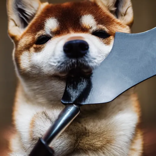 Image similar to close - up portrait of shiba inu holding huge mace in paws, ( eos 5 ds r, iso 1 0 0, f / 8, 1 / 1 2 5, 8 4 mm, postprocessed, sharp )