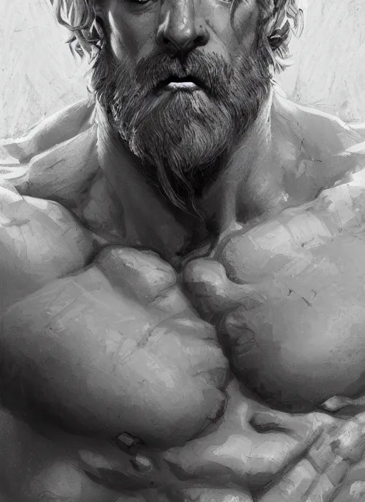 Image similar to painted portrait of rugged zeus, greek god, white hair, masculine, mature, handsome, upper body, muscular, hairy torso, fantasy, intricate, elegant, highly detailed, digital painting, artstation, concept art, smooth, sharp focus, illustration, art by gaston bussiere and craig mullins