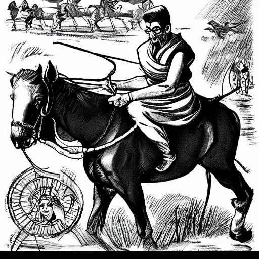 Image similar to gandhi, riding horse, comic style, by arthur adams, black and white