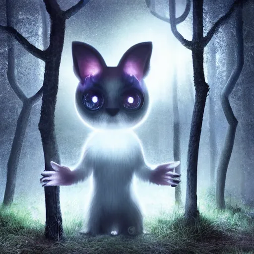 Prompt: a cute furry creature with long ears standing in a forest, big glowing eyes, fantasy, mark ryden, concept render, cinematic lighting