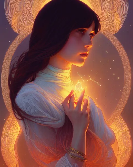 Image similar to symmetry portrait of brunette princess, glam, fae, fireflies, forest background, intricate, elegant, highly detailed, digital painting, artstation, concept art, smooth, sharp focus, illustration, art by artgerm and greg rutkowski and fra angelico and alphons mucha