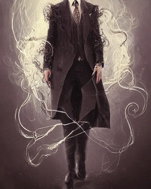 Image similar to a highly detailed portrait of devious male magician radiating a powerful energy aura, back tuxedo, wispy tendrils of smoke, intricate, digital painting, old english, raining, sepia, particles floating, whimsical background by marc simonetti, artwork by ramond swanland and liam wong
