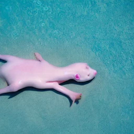 Image similar to cinematic photo of a beautiful albino axolotl woman lit with saturated split colour blue and dusty pink lighting sunbathing by the pool