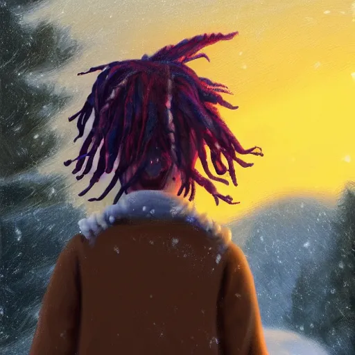 Image similar to ''boy with colored dread hair walking backwards in the snow, sunset, renaissance style painting, 8 k ultra resolution, hd, illustration, featured on artstation, professional painting, digital art''