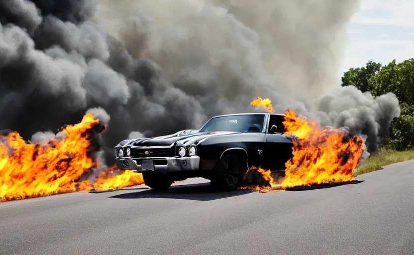 Image similar to a black 1 9 7 0 chevrolet chevelle ss driving i high speed, fire explosion in the background, action scen