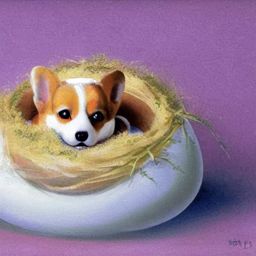 Image similar to concept art of a baby corgi sleeping in an egg in a nest, anne geddes