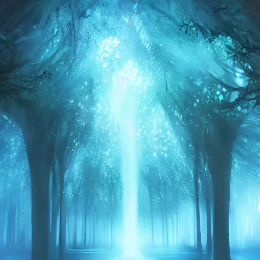 Image similar to portrait of an ethereal forest made of blue light, divine, cyberspace, mysterious, dark high-contrast concept art