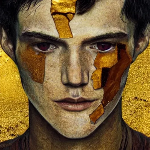 Image similar to a tall, slender 20 year old man with golden cracks and scars on his arms and chest, standing atop a mountatin, sci-fi, digital art, klimt, kintsugi, sharp-jaw, long brown hair, long-arms