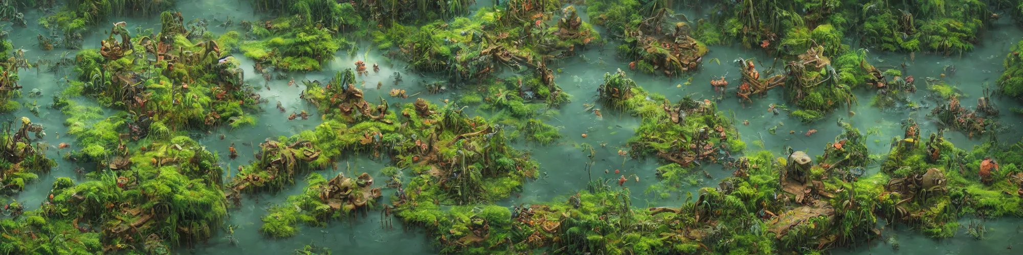 Prompt: heavy tilt-shift isometric swampy swamp, cute swamp creatures splashing about, puffs of green smoke, Alena Aenami, Petros Afshar, Noah Bradley, Anton Fadeev, Anato Finnstark, Steve Henderson, Filip Hodas, Mark Keathley, Thomas Kinkade, Phil Koch, Gilbert Williams, Mike Winkelmann, Beeple