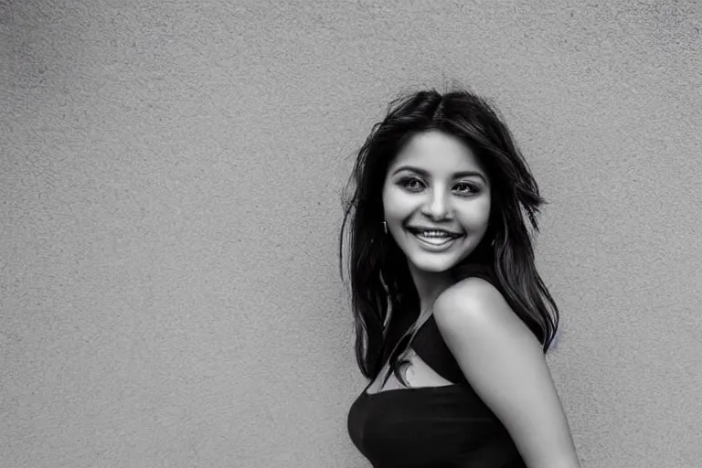 Image similar to still photo of a beautiful mexican woman smiling at the camera on the street, black and white color aesthetic, highly detailed, photorealistic portrait, bright studio setting, studio lighting, crisp quality and light reflections, unreal engine 5 quality render