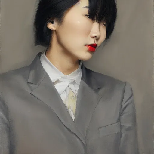 Image similar to portrait of a beautiful korean girl wearing a men's tuxedo, with long hair and bangs, angular features, angry expression, oil on canvas, elegant pose, masterpiece, Jonathan Yeo painting
