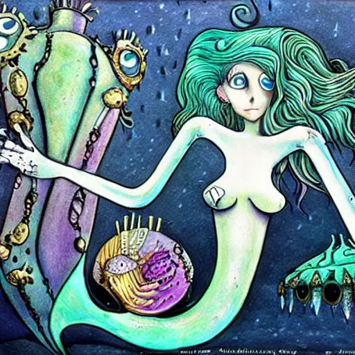 Image similar to a robotic mermaid, art by tim burton