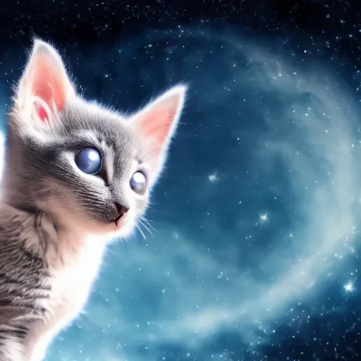 Image similar to A grey kitten standing on a pizza in outer space. The kitten is eating a piece of pizza. Pizza slices flying with angel wings in background, dark cyan galaxy and stars in background, 4K photoshopped image, look at that detail