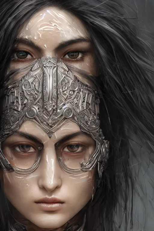 Image similar to ne stylised woman , fair skin, big eyes, long black hair, no bangs, wearing sculpted textured armour, closes her eye, battle damage, intricate complexity, close-up of the front of the face, resolute expression, back lighting, 4K resolution, symmetric, clear facial features, by Ruan Jia and Mandy Jurgens and William-Adolphe Bouguereau, Karol Bak, smooth, sharp focus, rich deep colors, digital render, intricate, ultra realistic, concept art