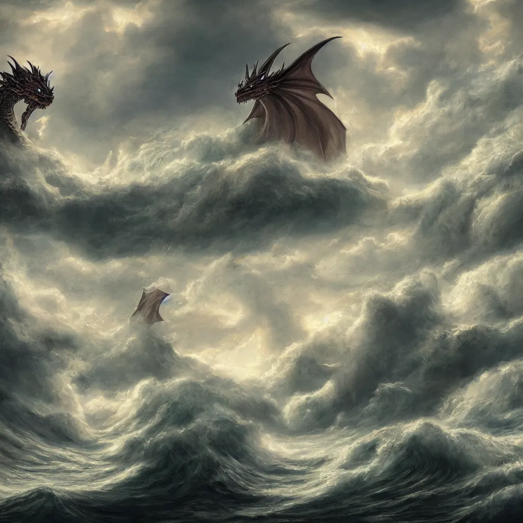 Prompt: a fantasy book style portrait of a giant dragon, stormy sea, giant waves, lightning, small boat, oil painting, 4 k