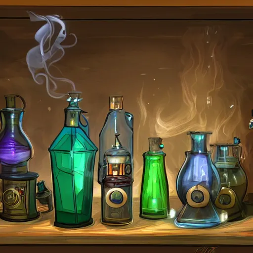 Prompt: an alchemist lab with potions and stills, digital art, ghotic style