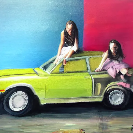 Image similar to girl sitting on car, oil painting by ian francis