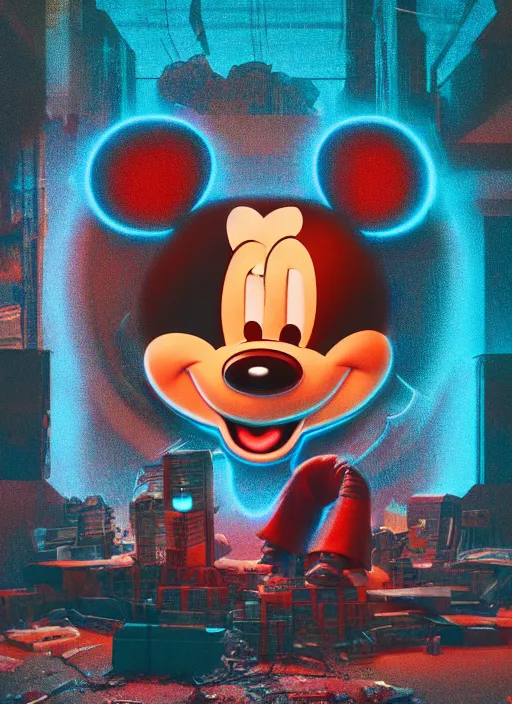 Image similar to giant destroyed head of cyberpunk mickey mouse surrounded by engineers, inside of abandoned netflix office, by beeple, dystopia, golden ratio, octane render, redshift, trending on artstation, 8 k