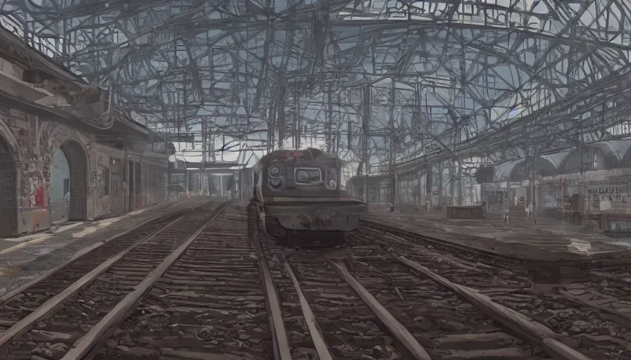 Image similar to soviet train station, anime professional with intricate details digital art made by mina petrovic, laica chrose, jessica prando, tsutomu nihei, studio ghibli, arcane, katsuhiro otomo, hayao miyazaki, akira toriyama, satoshi kon, unreal engine ultra hd 8 k 3 d