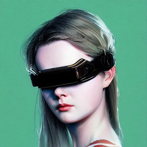 Image similar to head and shoulders portrait of modern darna, elle fanning in night vision goggles, intricate, elegant, dark vibes, highly detailed, digital painting, artstation, glamor pose, concept art, smooth, sharp focus, illustration, art by wlop, mars ravelo and greg rutkowski