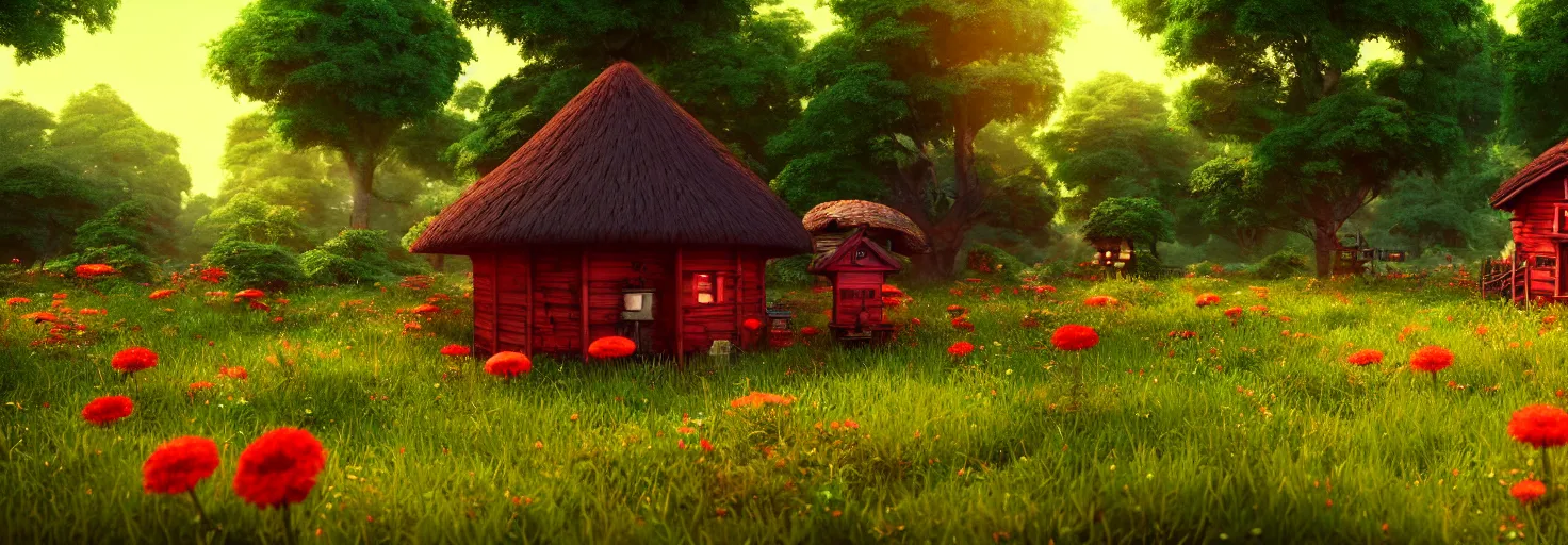 Prompt: stunning glowing dominant large highlighted crimson - black beehive, large cute bee, in a beautiful forest meadow village landscape, flowers, happy trees, photorealistic, octane render, rtx, hdr, unreal engine, digital art widescreen 8 k, studio ghibli, disney, wlop