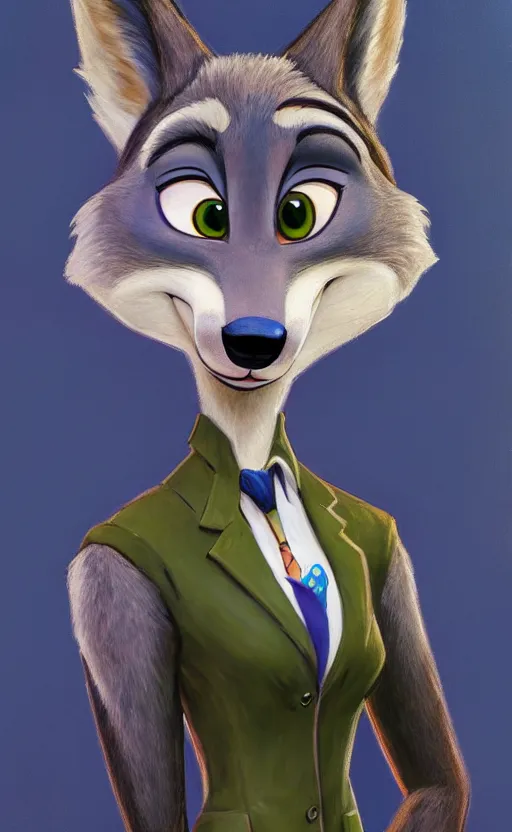 Image similar to oil painting of detailed full body of anthromorphic female wolf, in style of zootopia, zootopia, zootopia, fursona, furry, furaffinity, 4 k, deviantart, furry art, fursona art, wearing black business suit, business suit, in style of zootopia, wolf fursona, cyberpunk, female, expressive detailed feminine face,