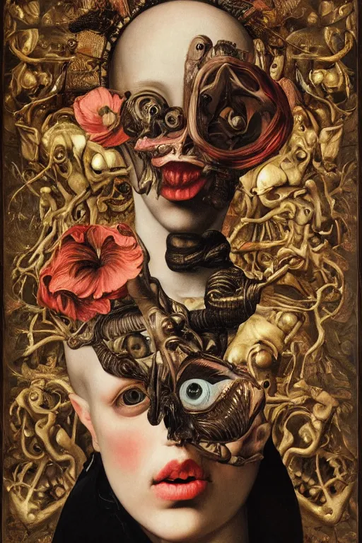 Image similar to Detailed maximalist portrait with large lips and with large wide eyes, surprised expression, surreal extra flesh and bones, HD mixed media, 3D collage, highly detailed and intricate, illustration in the golden ratio, in the style of Caravaggio and Hieronymus Bosch, dark art, baroque