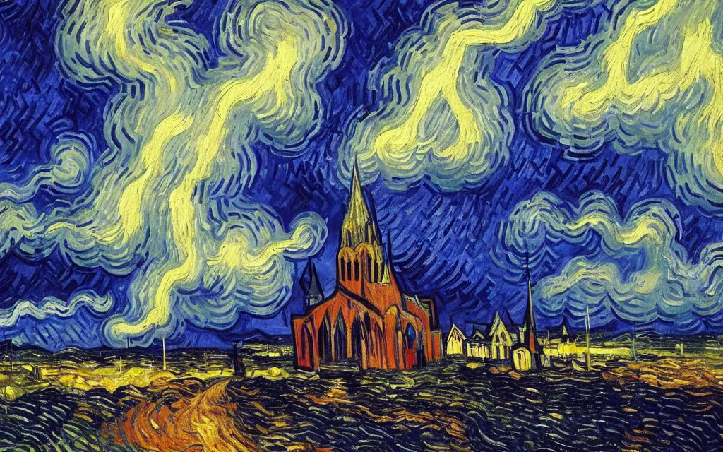 Image similar to atmospheric detailed expressionist oil painting of lightning storm over a tall gothic church, landscape painting, expressionism, blues, dramatic lighting, 8 k resolution detailed art, small brushstrokes, watercolor palette, painted by vincent van gogh