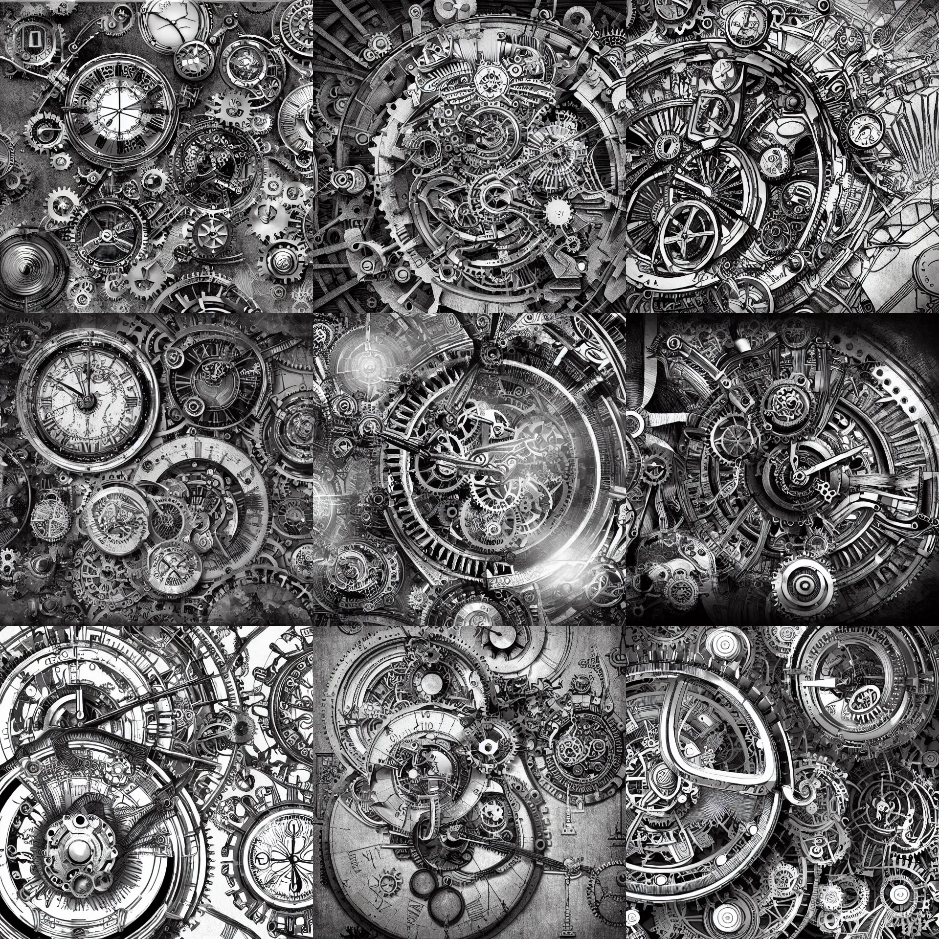 Prompt: extremely detailed illustration render b & w high tech steampunk clockwork gears eerie stylized digital notebook doodles drawings musings art deco with art deco filigree scrollwork 8 k render