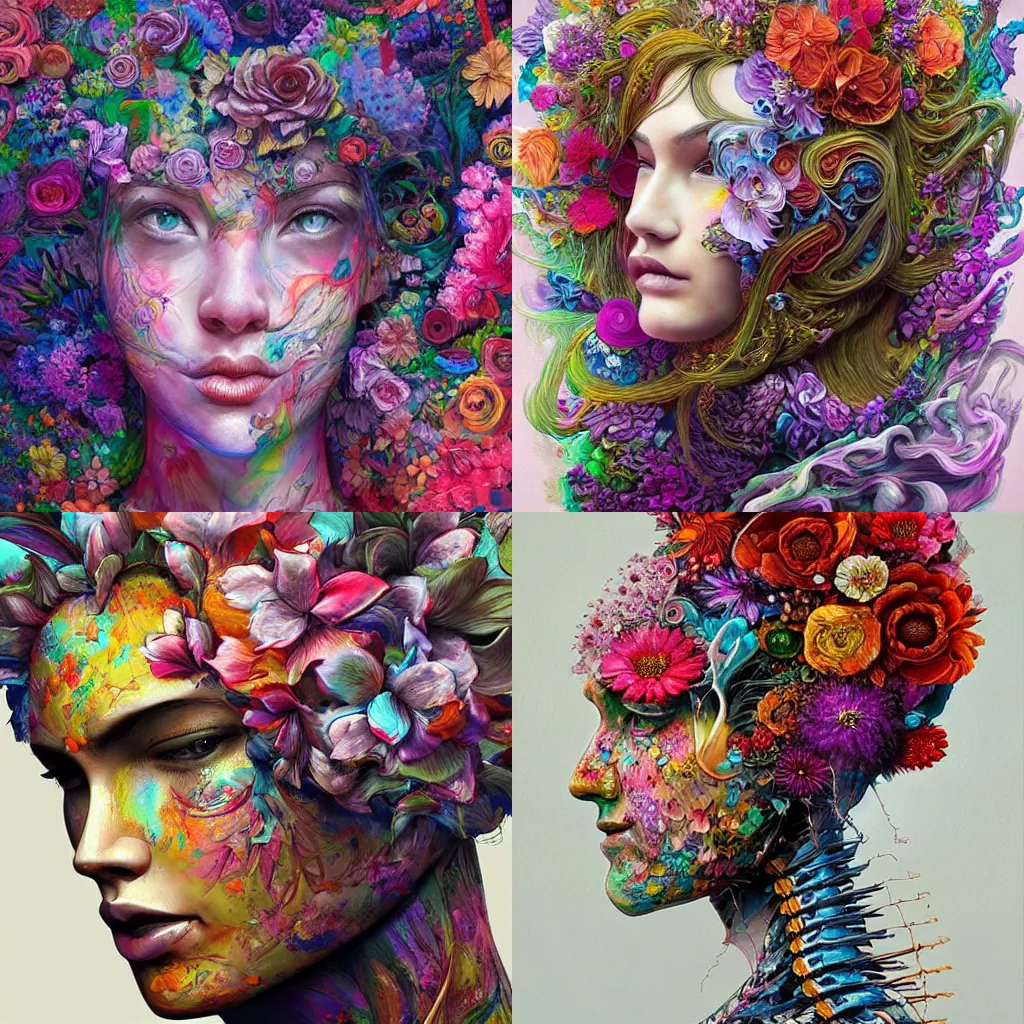 Prompt: a painting of a human head with flowers on it, an airbrush painting by android jones, trending on zbrush central, generative art, made of flowers, detailed painting, biomorphic