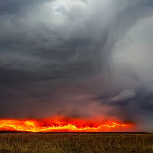 Image similar to enormous creature in the fiery plains during a thunderstorm, seen from a distance, rtx on