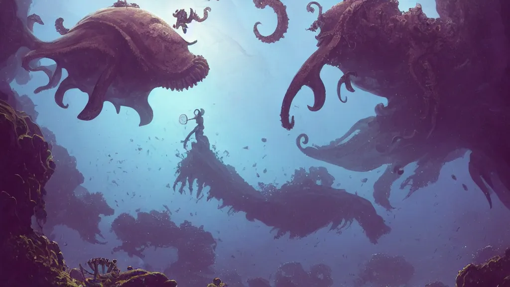 Image similar to A diver is under the sea, he has a treasure with him, he is swimming away from the giant Cthulhu that is behind hunting him, this is an extravagant planet with wacky wildlife and some mythical animals, the background is full of ancient ruins, the ambient is dark with a terrifying atmosphere, by Jordan Grimmer digital art, trending on Artstation,