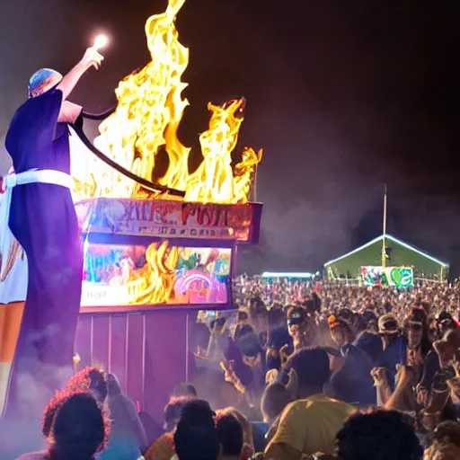 Image similar to a photo of the pope breathing out fire at a carnival sideshow