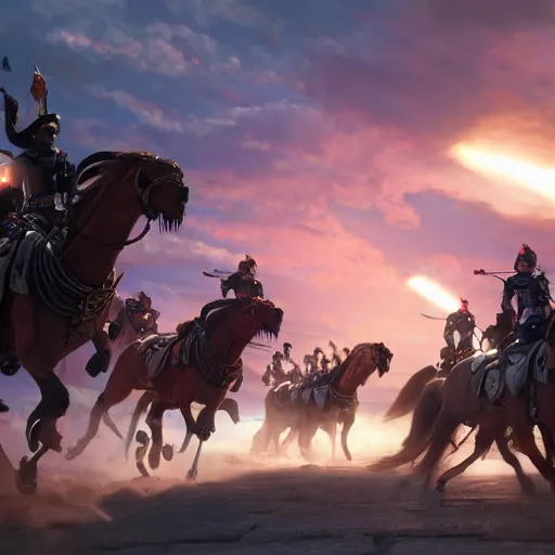 Image similar to The charge of the light brigade with robotic horses, steampunk, dramatic lighting, by Makoto Shinkai and Ruan Jia