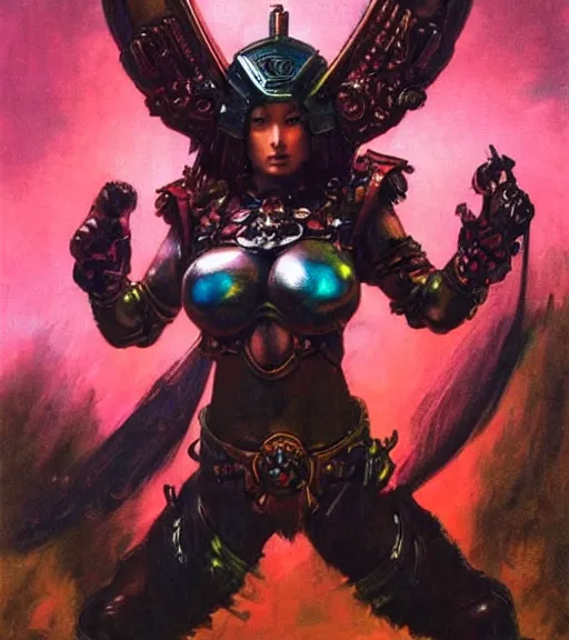 Image similar to portrait of strong korean female chaos angel, beautiful! coherent! by frank frazetta, by brom, strong line, vivid neon color, spiked scrap metal armor, iron helm, high contrast, maximalist