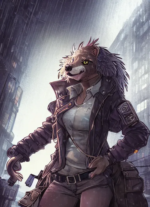 Image similar to character portrait of a female anthro hyena fursona with a cute beautiful attractive furry face and long black curly hair wearing a bulletproof vest in a cyberpunk city at night while it rains. hidari, color page, tankoban, 4K, tone mapping, Akihiko Yoshida.