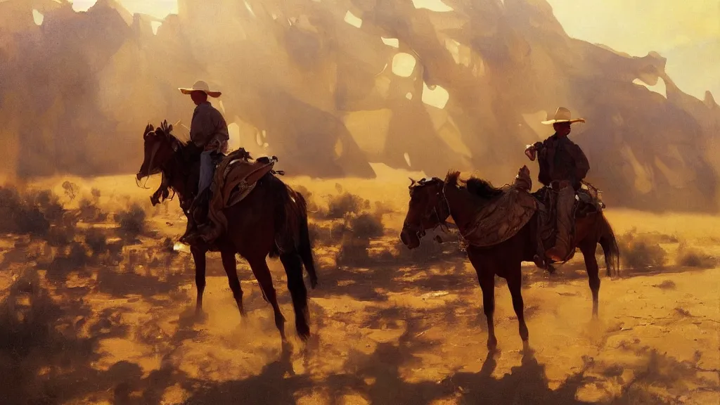 Prompt: oil painting of cowboy dream at mexican desert setting, art by anders zorn, wonderful masterpiece by greg rutkowski, beautiful cinematic light, american romanticism by greg manchess, reflections in copper, sunlight, dust and steam