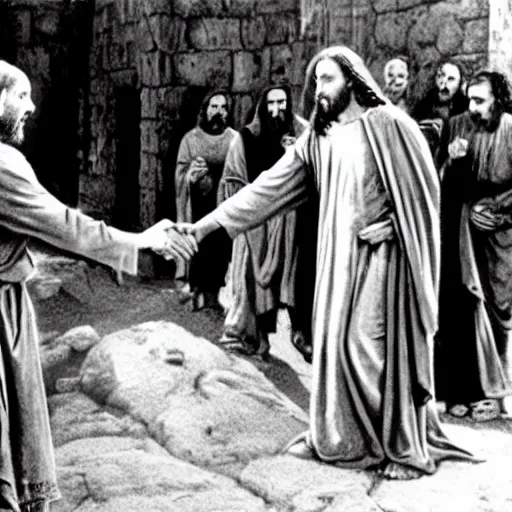 Image similar to film still of Homelander shaking jesus's hand