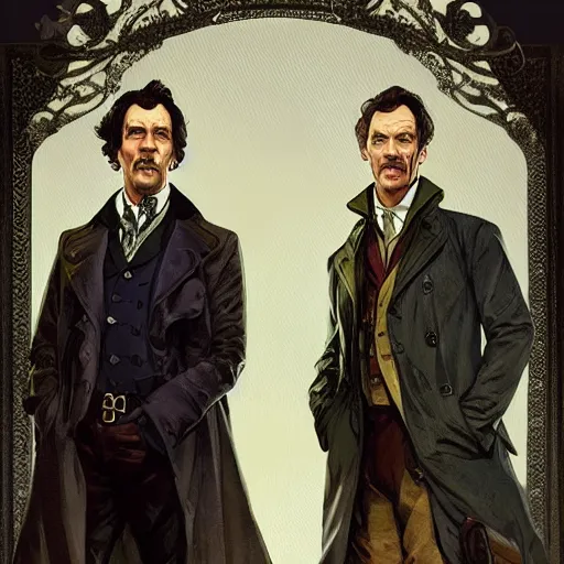 Image similar to [Sherlock Holmes and Watson as GTA characters, intricate, elegant, graphic detail, digital painting, trending on artstation, concept art, tonalism, sharp focus, illustration, art by Miguel Vasquez and Greg Rutkowski and Alphonse Mucha]