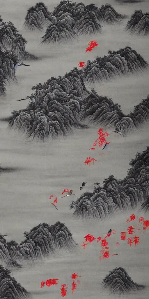 Image similar to Environmental shot, Beautiful!!!!! chinese ink-wash painting a river and ((cliffs)), birds flying , shui mo hua, highly intricate, with some red!! strokes!!