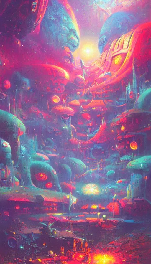 Prompt: psytrance artwork, by paul lehr,