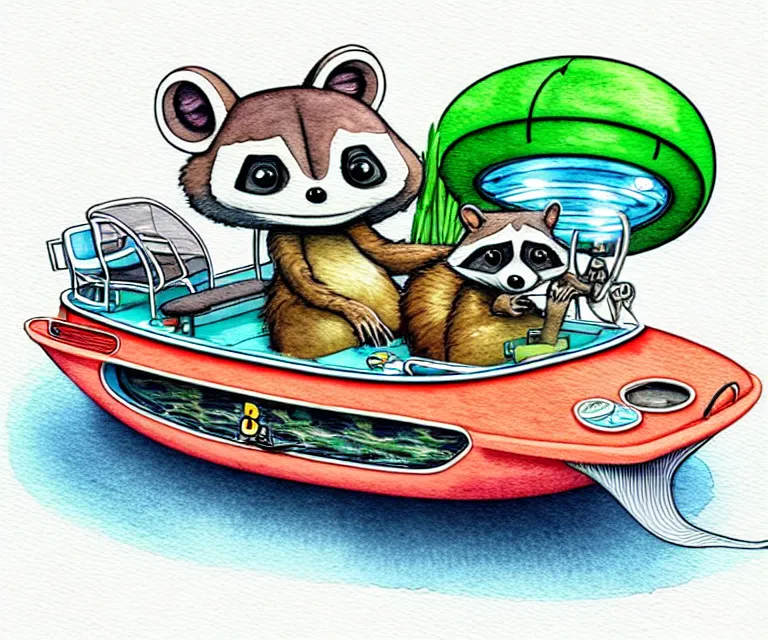 Image similar to cute and funny, racoon driving a tiny pontoon boat with party lights, ratfink style by ed roth, centered award winning watercolor pen illustration, isometric illustration by chihiro iwasaki, edited by craola, tiny details by artgerm and watercolor girl, symmetrically isometrically centered