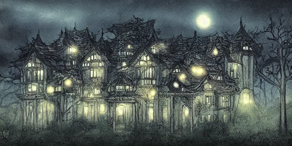 Prompt: manor in the middle of the forest, at night, no light, manga, fantasy