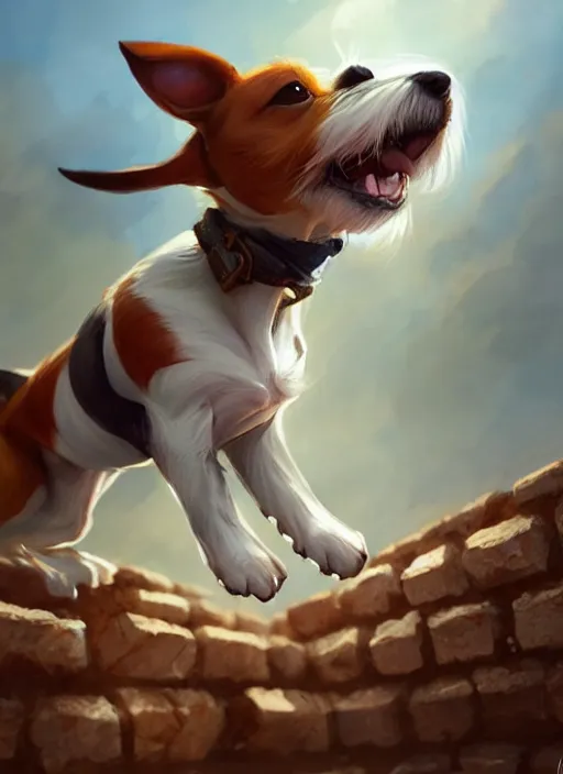 Image similar to adorable jack russel terrier jumping over a brick wall, fantasy art, artstation character design contest winner, trending on cgsociety, concept art, speedpaint, beautiful digital art, jesper ejsing, james jean, justin gerard, fenghua zhong, makoto shinkai, highly detailed