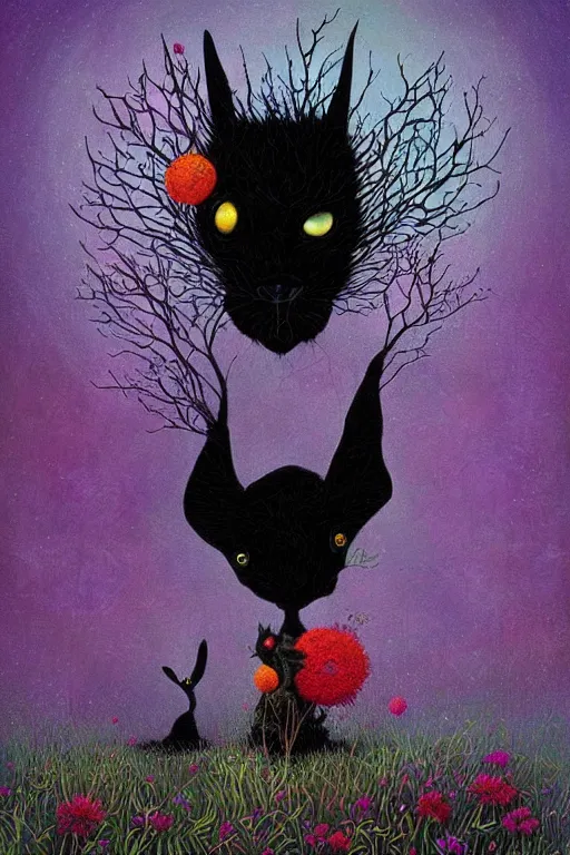 Image similar to surreal, evil black rabbits, fantasy, fairytale, magic realism flowerpunk, mysterious, vivid colors, by andy kehoe