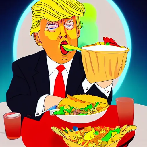 Image similar to beautiful digital painting portrait of donald trump eating a taco bowl in the style of studio trigger anime, 4 k, 8 k, hd, high resolution, highly detailed, intricate detail, ultra realistic faces, digital art, trending on artstation, kill la kill, gurren lagann