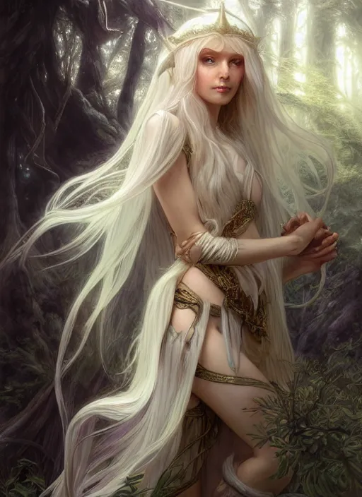 Image similar to portrait of a fantasy elf female sorceress queen with long white hair flowing wind in an ancient forest filled with magic, highly detailed, digital painting, artstation, smooth, sharp focus, illustration, art by artgerm and greg rutkowski and alphonse mucha