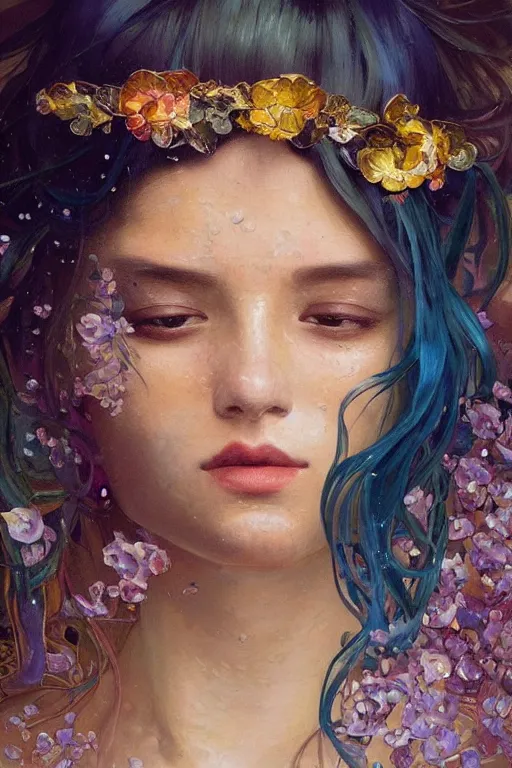 Prompt: an intricate oil painting of a beautifull woman portrait surounded by hiper detailed inkdrop in water, melting colorfull wax, fluid acrilic art, colorfull, by yoshitaka amano, by greg rutkowski, by alphonse mucha by jeremyg lipkinng, by rhads, by ross tran, by artgerm, octane render